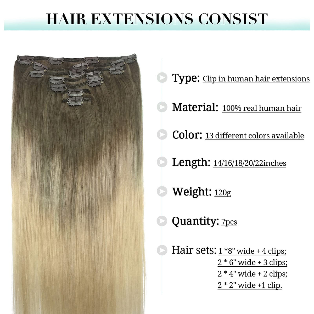 DOORES Clip in Hair Extensions 120g in various ombre colours