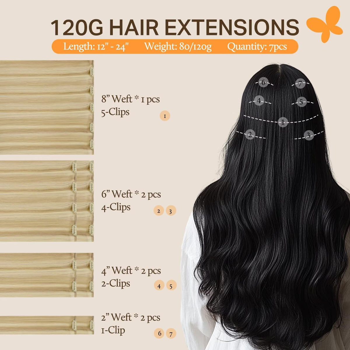 DOORES Clip in Hair Extensions 120g showing U-shaped clips