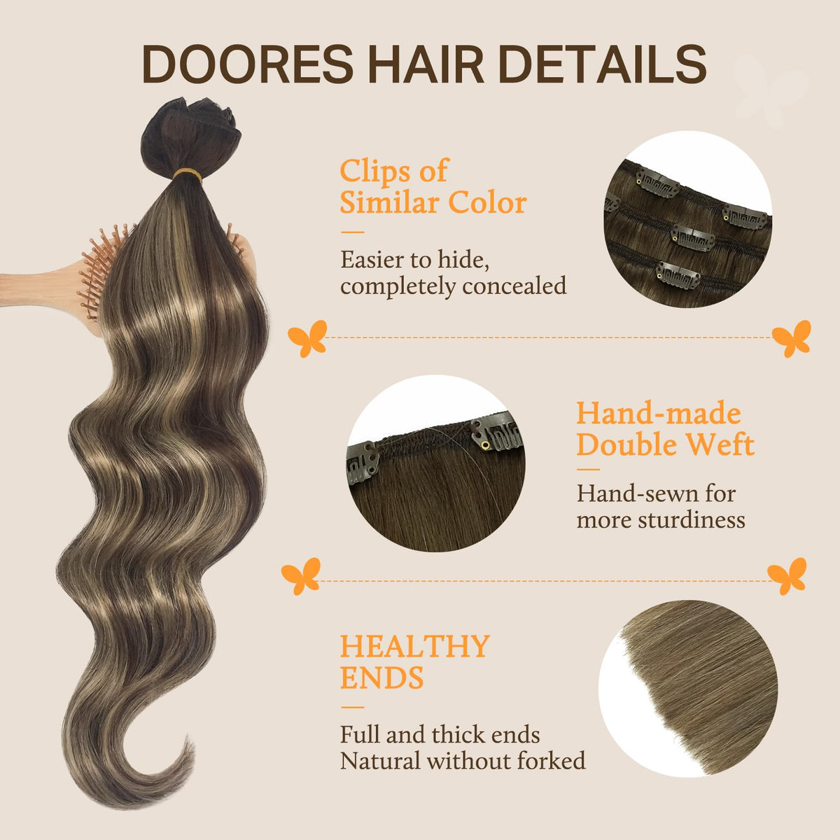 DOORES Clip in Hair Extensions 135g displayed with natural hair