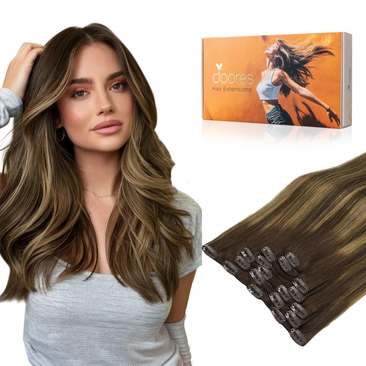 DOORES Clip in Hair Extensions 135g set with clips displayed