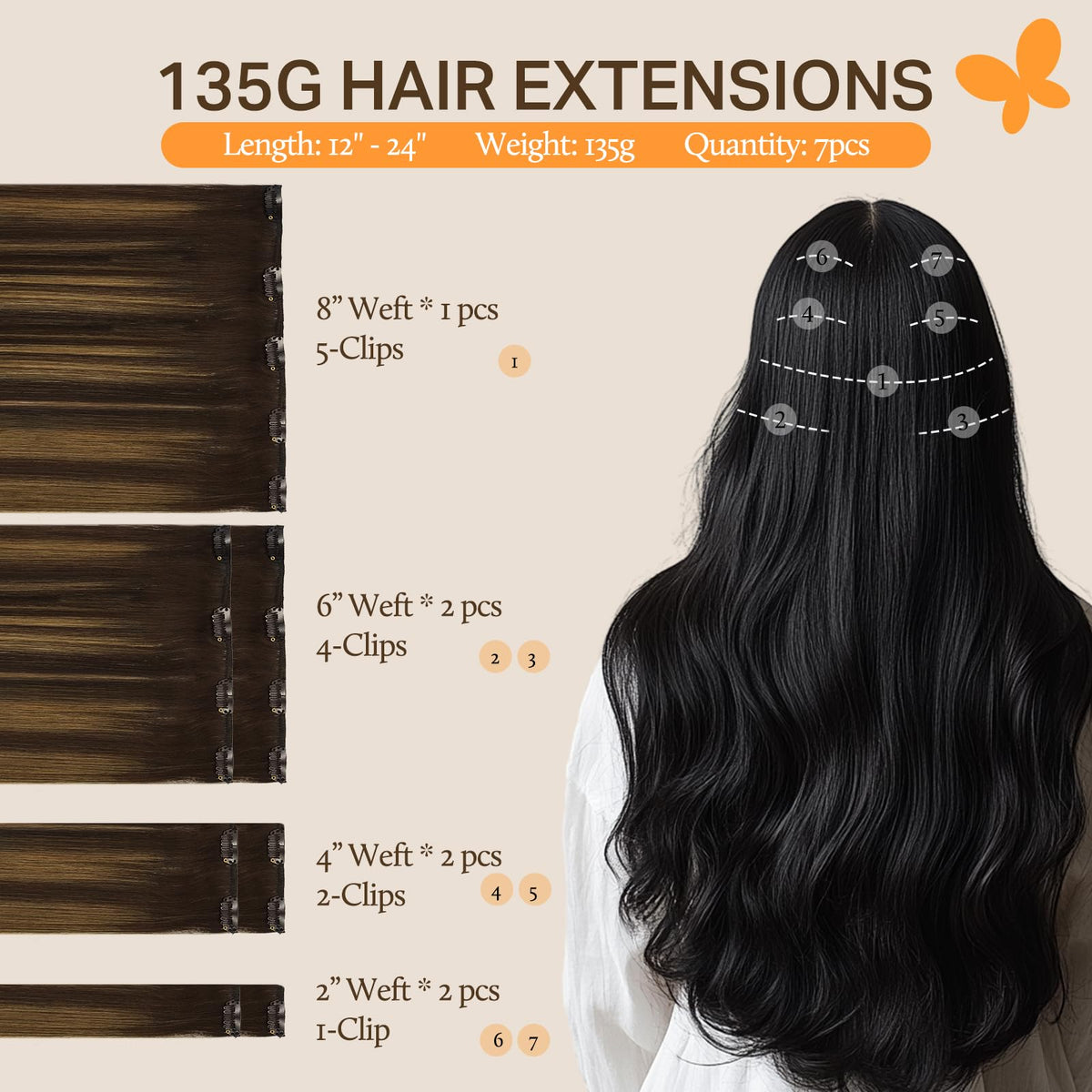 DOORES Clip in Hair Extensions 135g side view