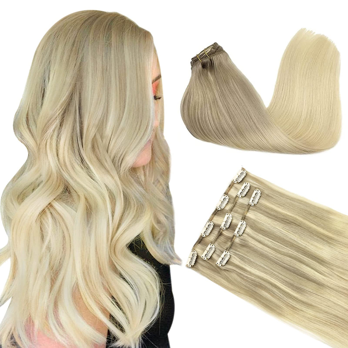 DOORES Clip in Hair Extensions 14 Inch Balayage Ash Blonde front view