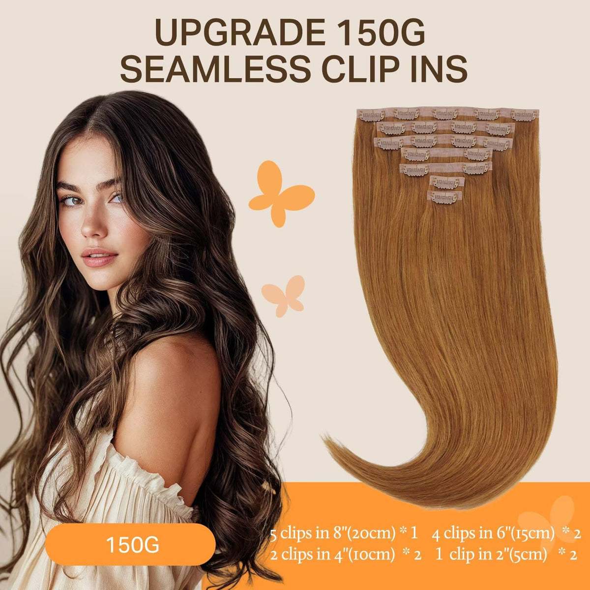 DOORES Clip in Hair Extensions 150g back view