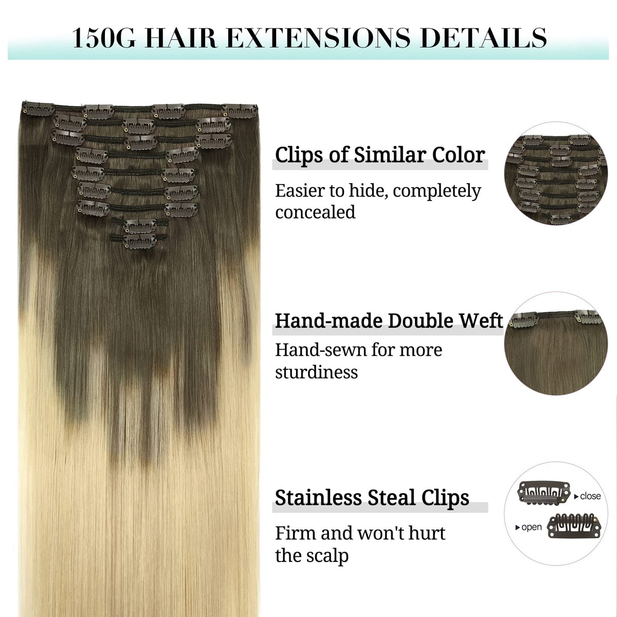 DOORES Clip in Hair Extensions 150g close-up of clips