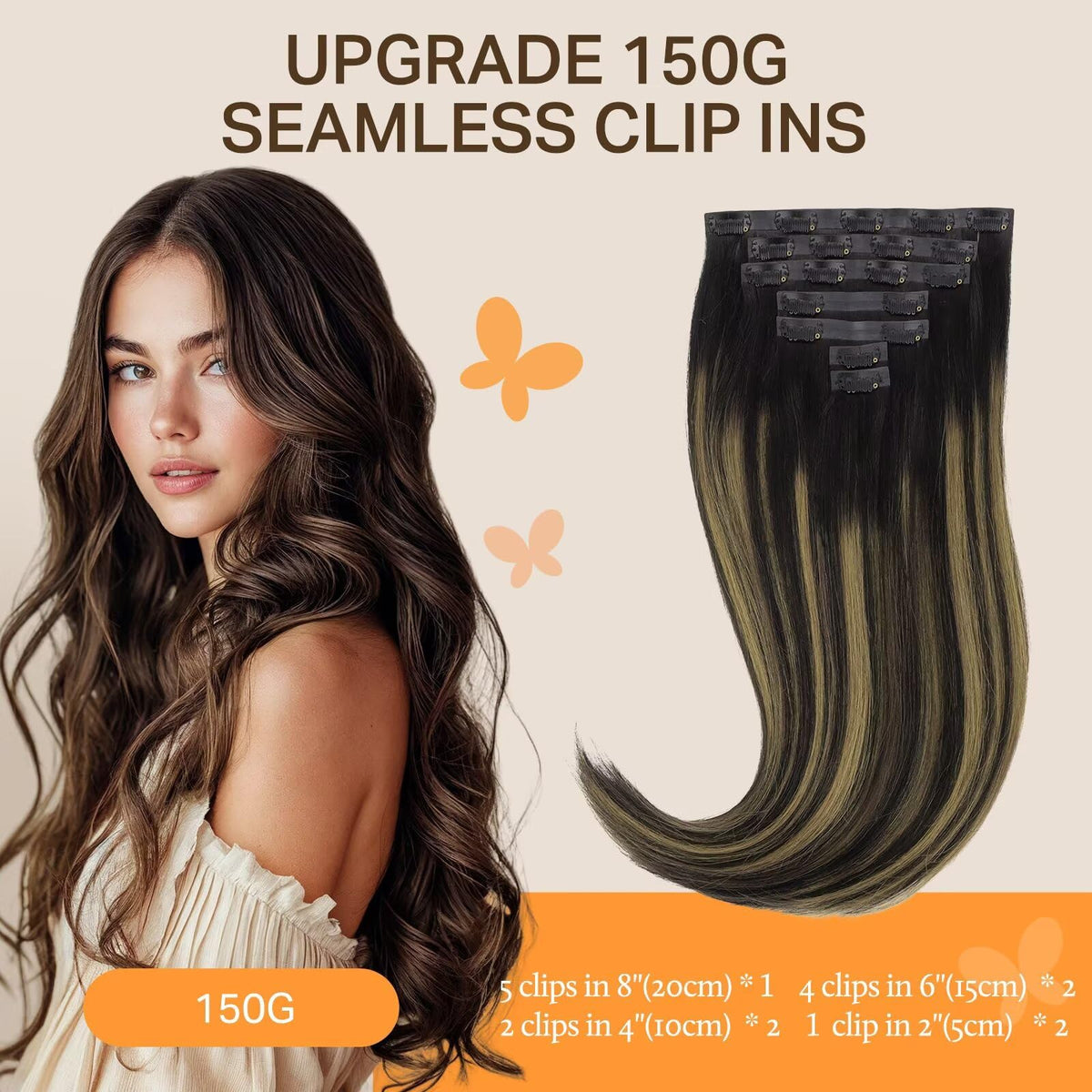 DOORES Clip in Hair Extensions 150g pack side view