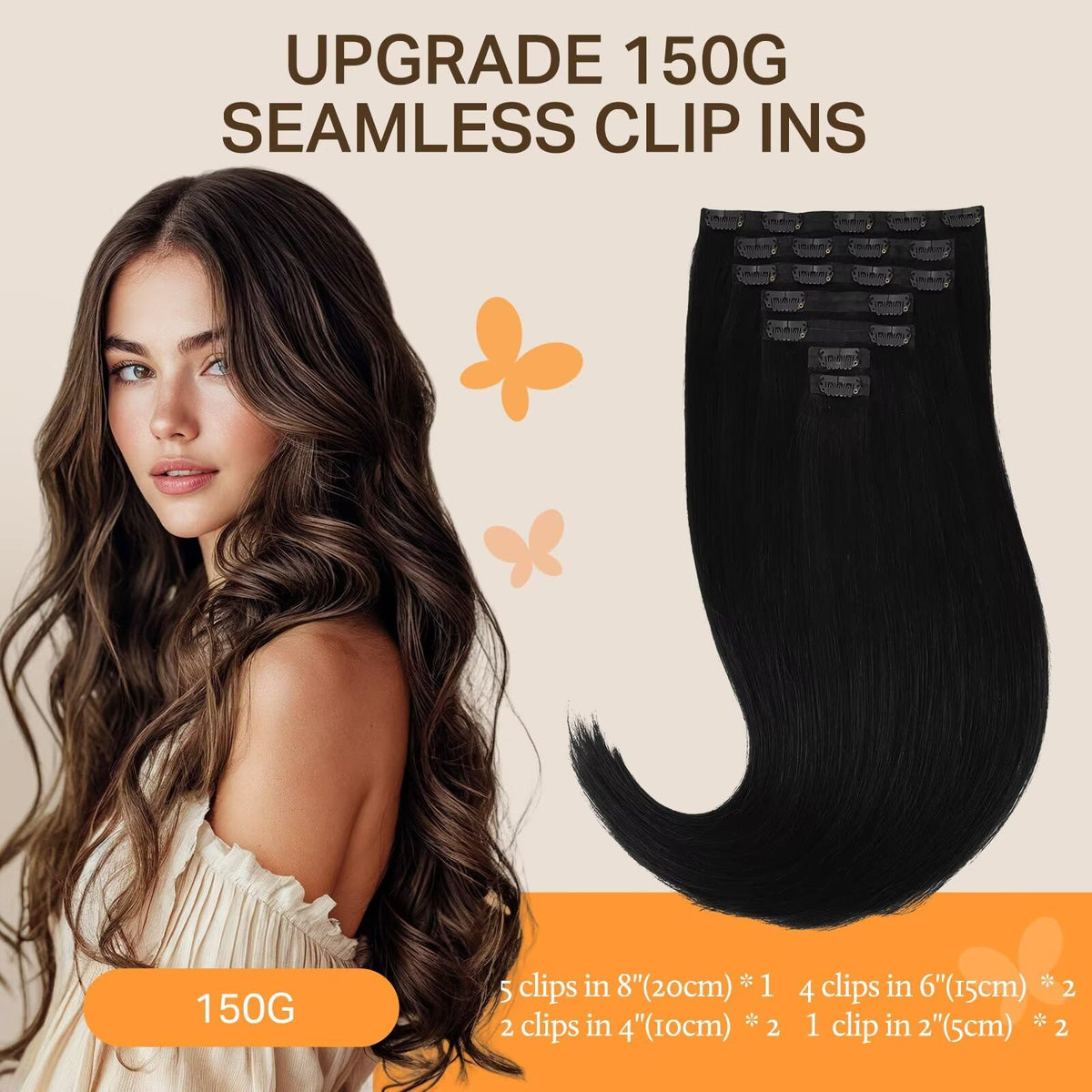 DOORES Clip in Hair Extensions 150g pack side view