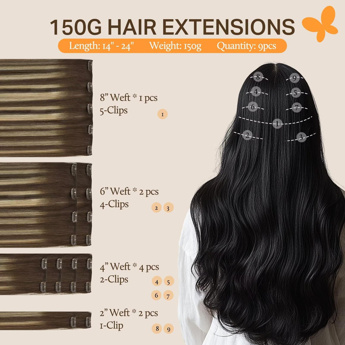 DOORES Clip-in Hair Extensions 150g set with clips