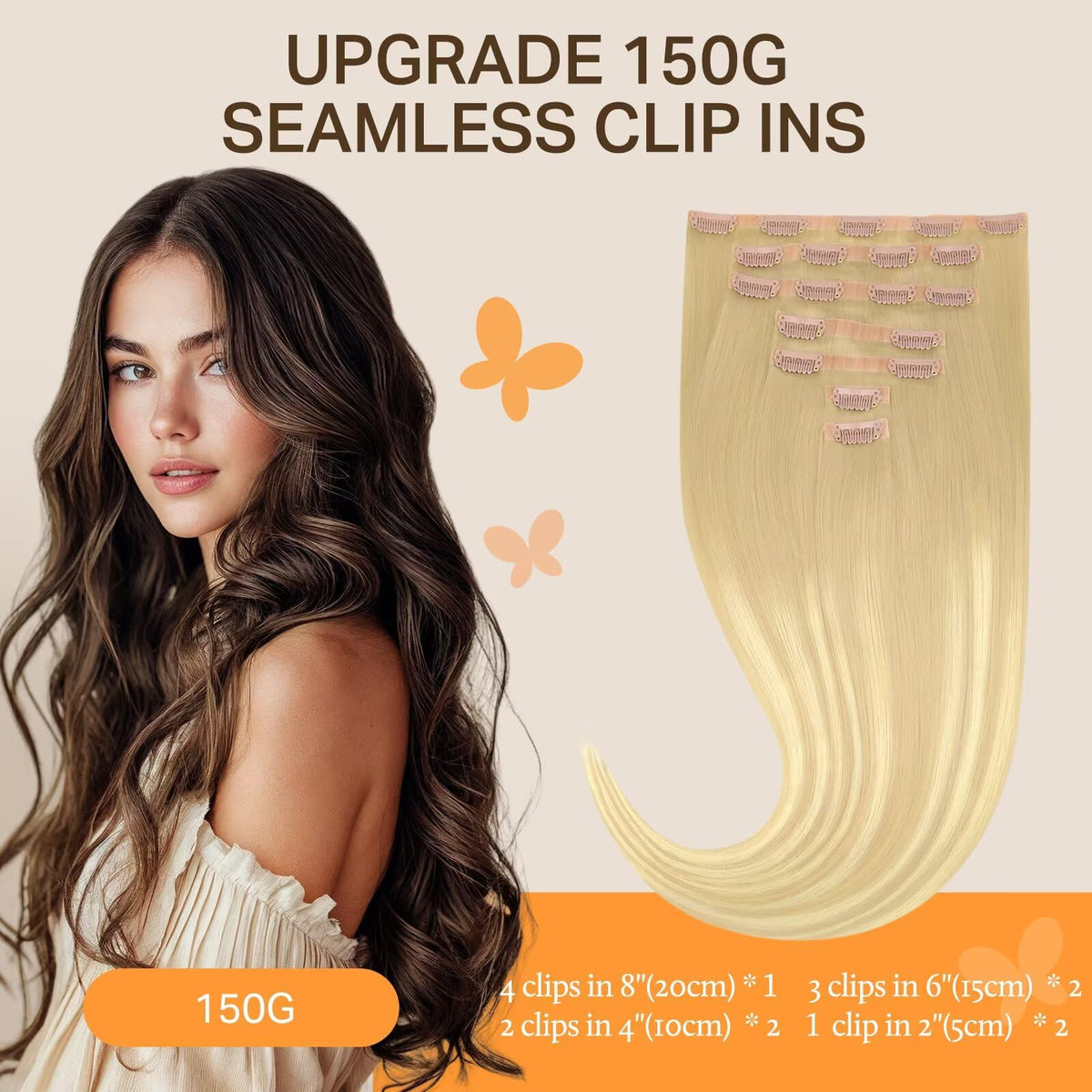 DOORES Clip in Hair Extensions 150g side view