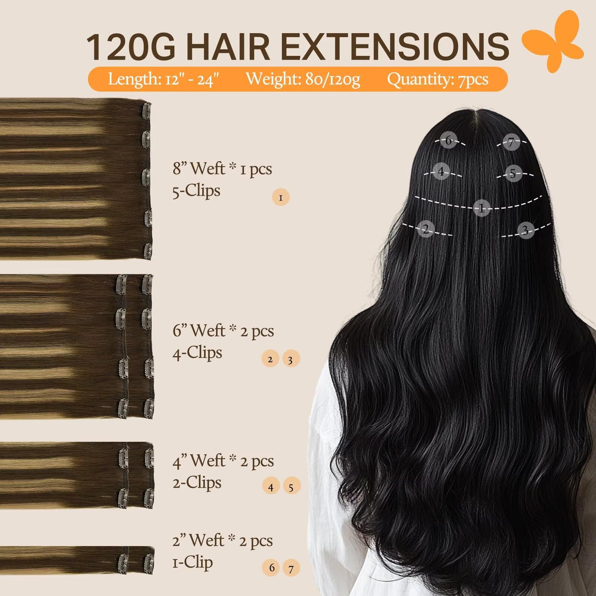 DOORES Clip in Hair Extensions 16 Inch Balayage back view