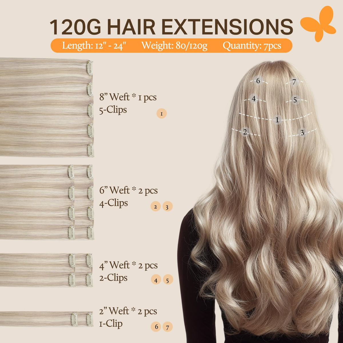 DOORES Clip in Hair Extensions 160g back view
