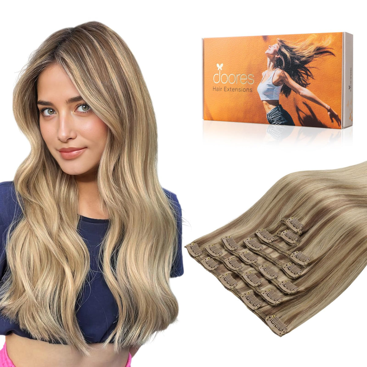 DOORES Clip in Hair Extensions 170g set with 7 pieces and 20 clips