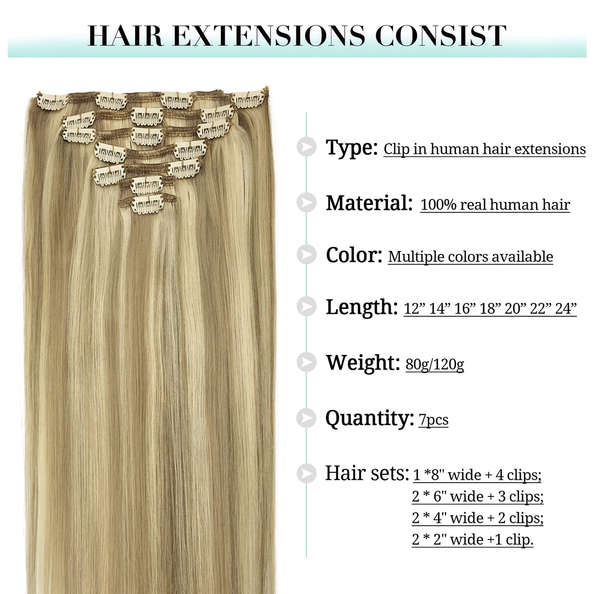 DOORES Clip in Hair Extensions 180g showing various colours