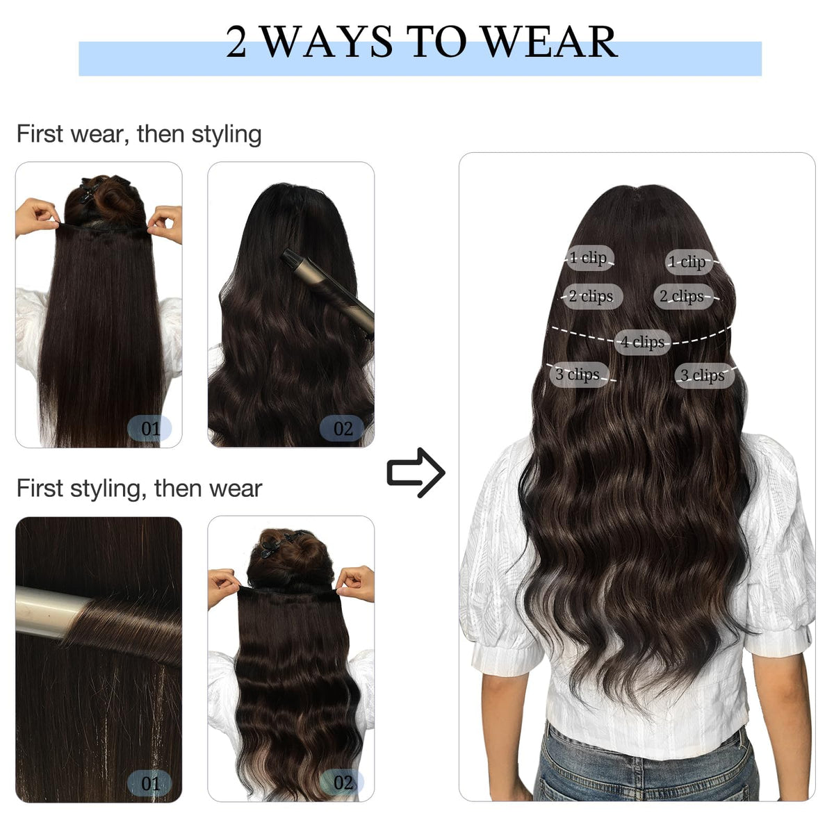 DOORES Clip in Hair Extensions 195g back view