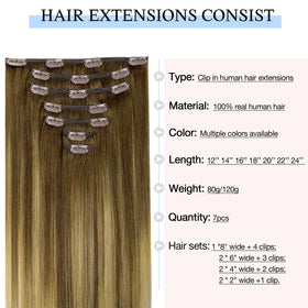DOORES Clip in Hair Extensions 195g colour options display
