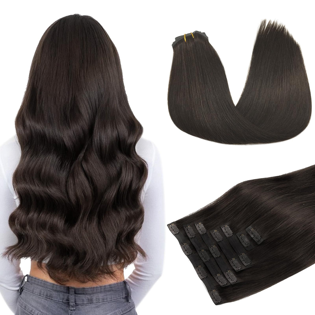 DOORES Clip in Hair Extensions 20 Inch Dark Brown front view