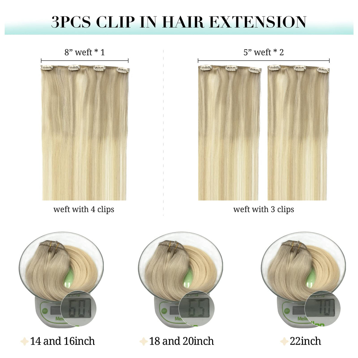 DOORES clip-in hair extensions 3 pieces with stainless steel clips