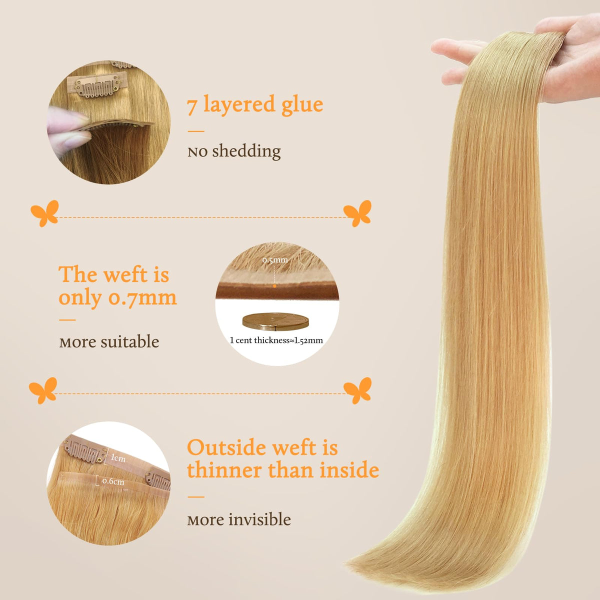 DOORES Clip in Hair Extensions 4 inch pieces side view