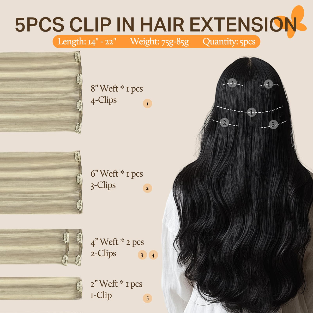 DOORES Clip-in Hair Extensions 5-piece set with clips