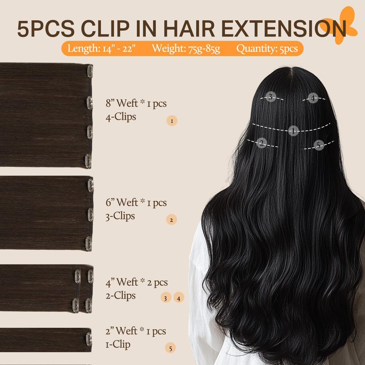 DOORES Clip in Hair Extensions 5 pieces including various lengths