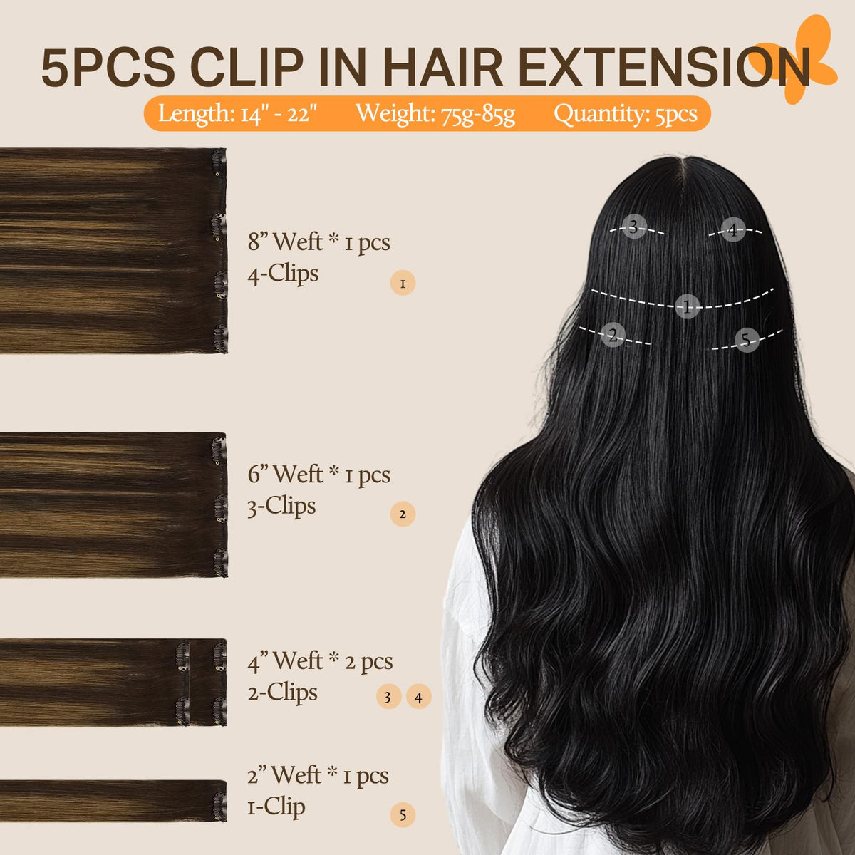 DOORES Clip-in Hair Extensions 5 pieces layout