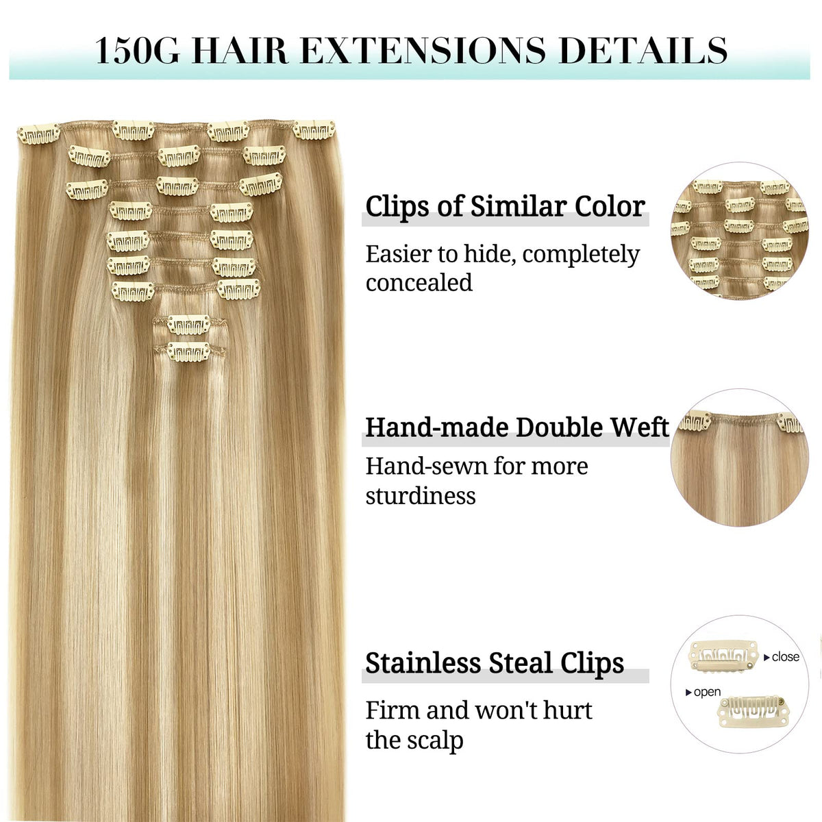DOORES Clip in Hair Extensions 9 pieces display