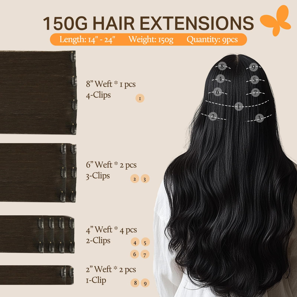 DOORES Clip-in Hair Extensions 9 pieces with clips