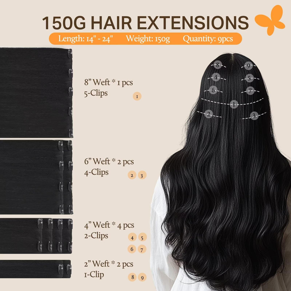 DOORES Clip in Hair Extensions 9 pieces with clips