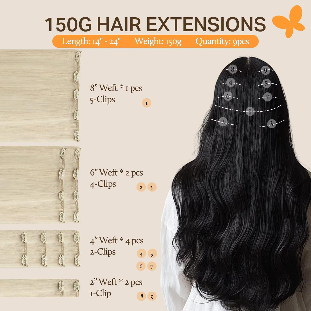 DOORES Clip in Hair Extensions 9 pieces with clips
