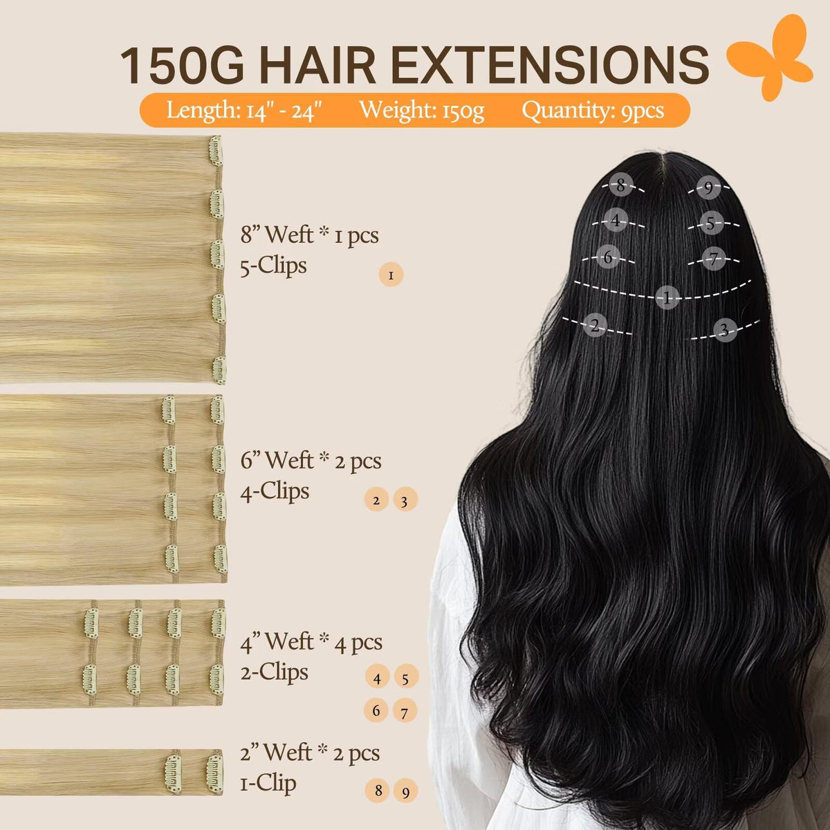 DOORES Clip in Hair Extensions 9 pieces with clips