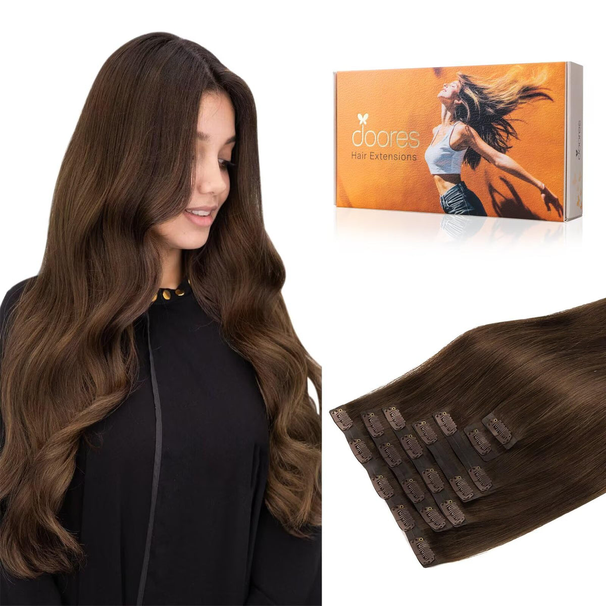 DOORES Clip in Hair Extensions Chocolate Brown front view