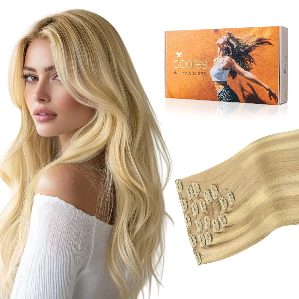 DOORES Clip in Hair Extensions front view, 7 pcs 120g