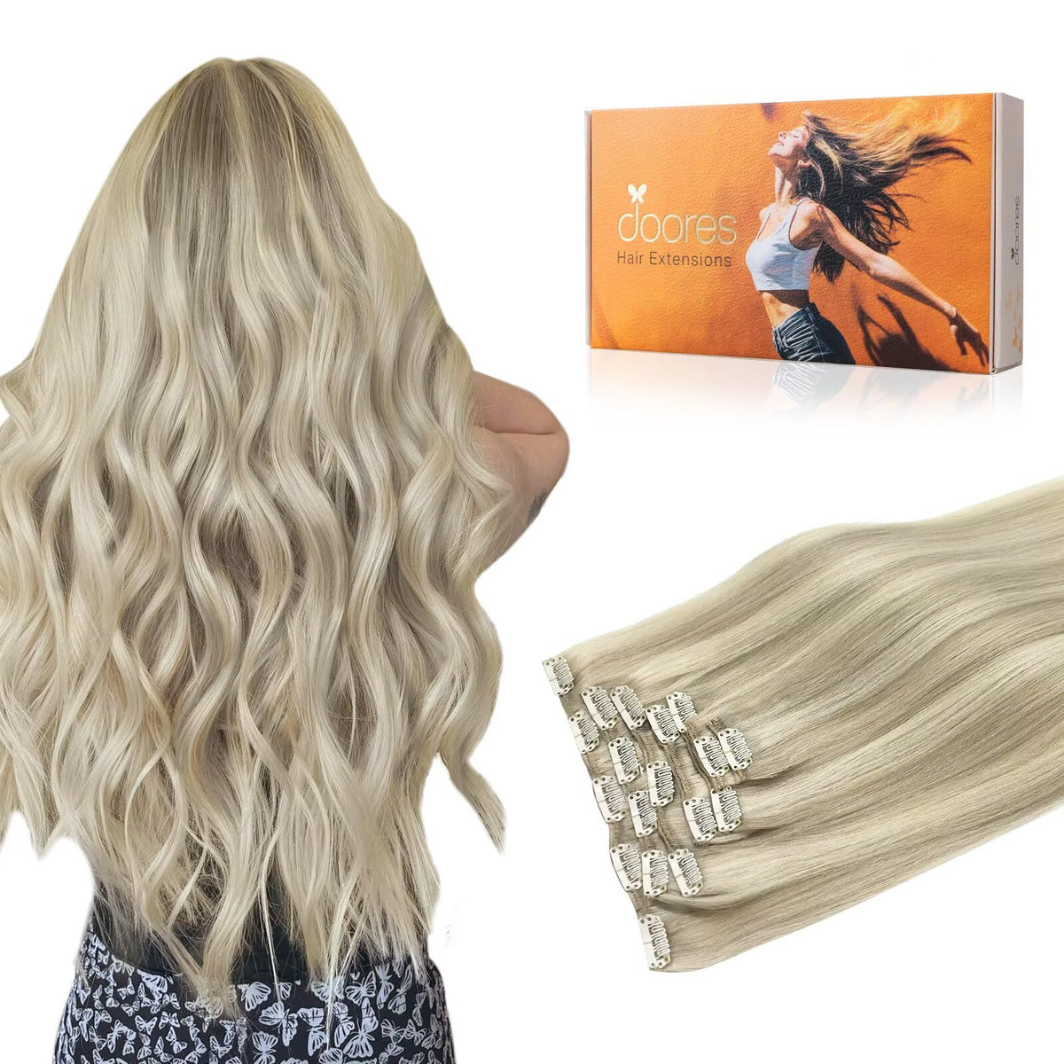 DOORES Clip in Hair Extensions front view showing 7 pieces