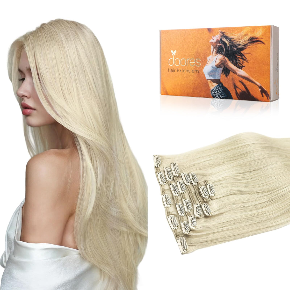 DOORES Clip in Hair Extensions front view showing 7 pieces
