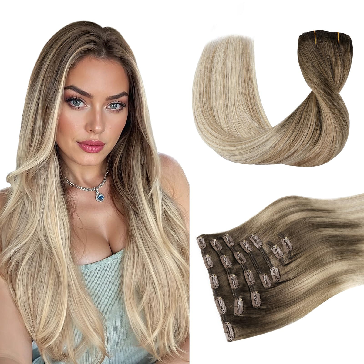 DOORES Clip in Hair Extensions front view showing multiple shades