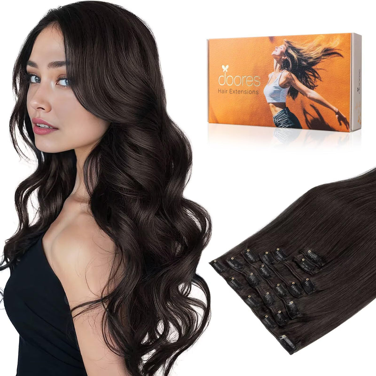DOORES Clip in Hair Extensions front view showing natural look