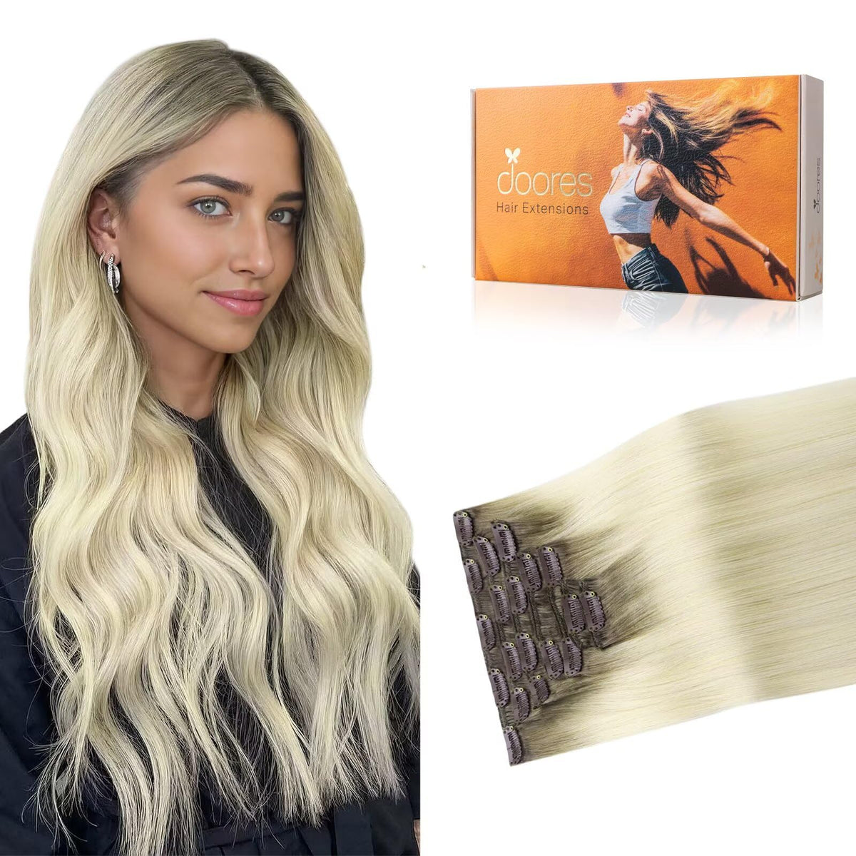 DOORES Clip in Hair Extensions front view with 7 pieces