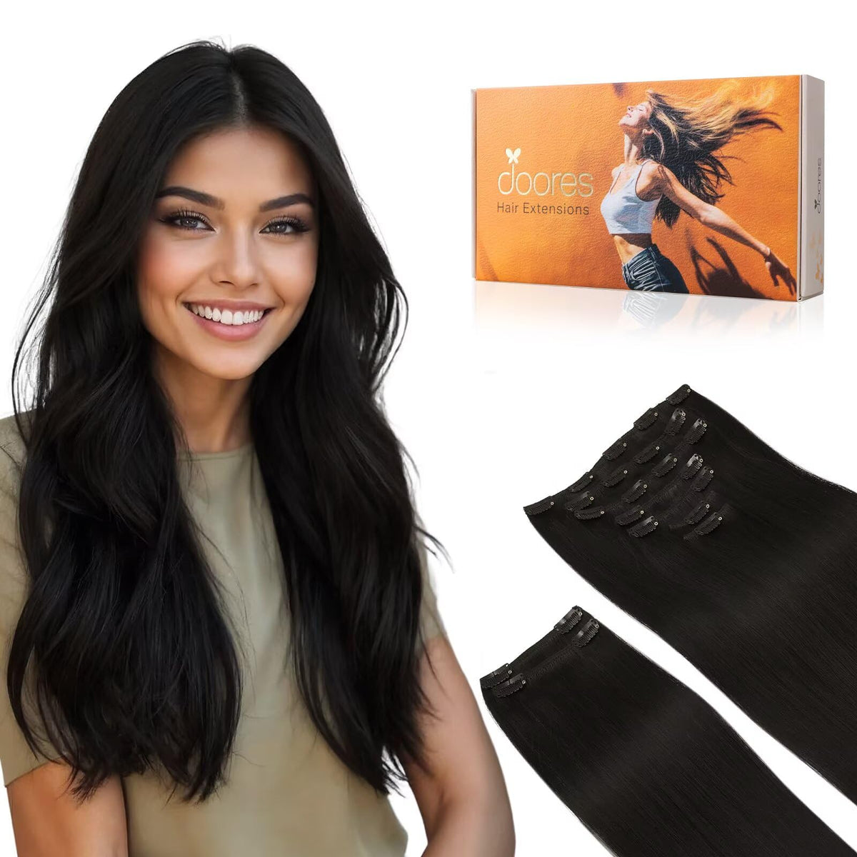 DOORES Clip-in Hair Extensions front view with 9 pieces
