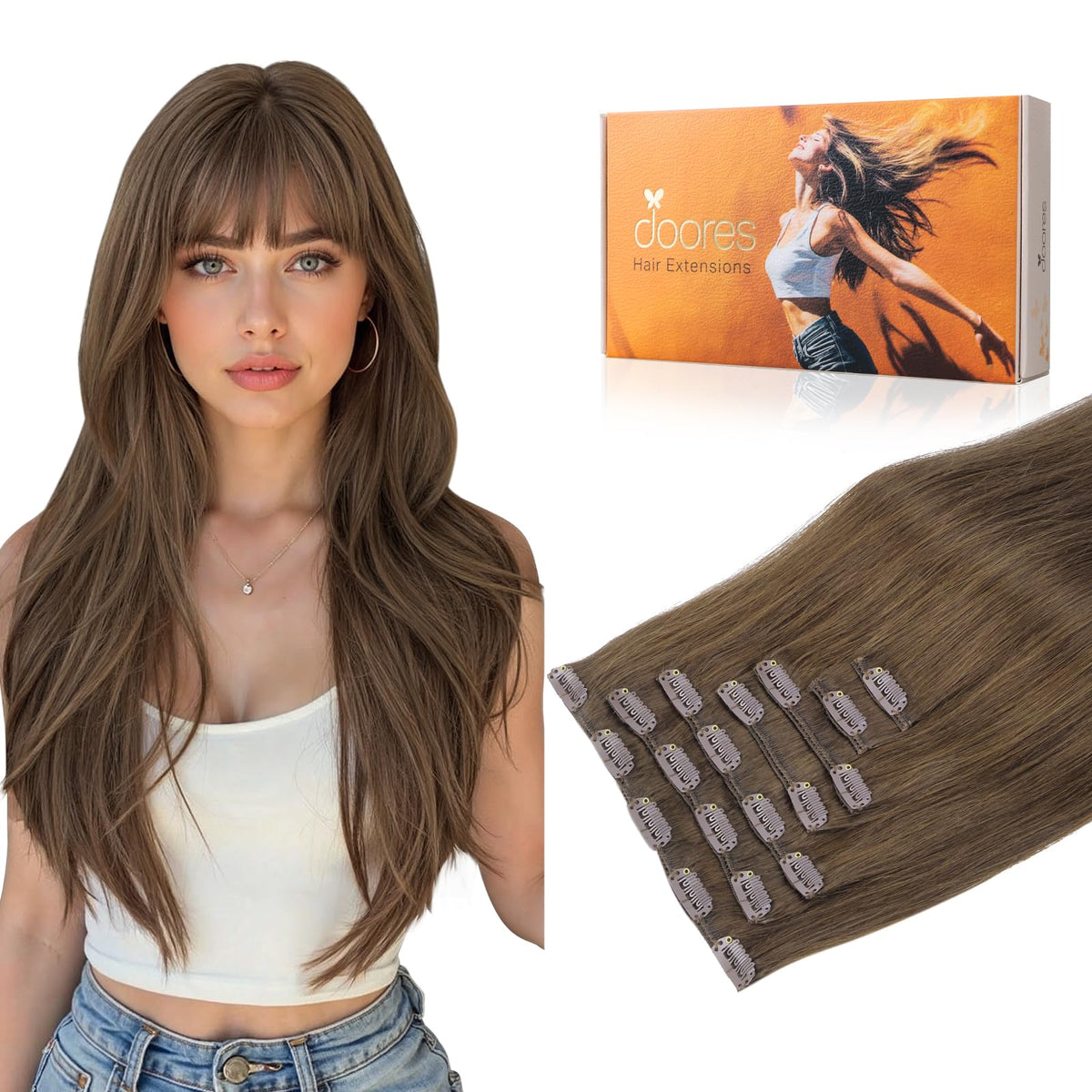 DOORES Clip in Hair Extensions front view with soft texture