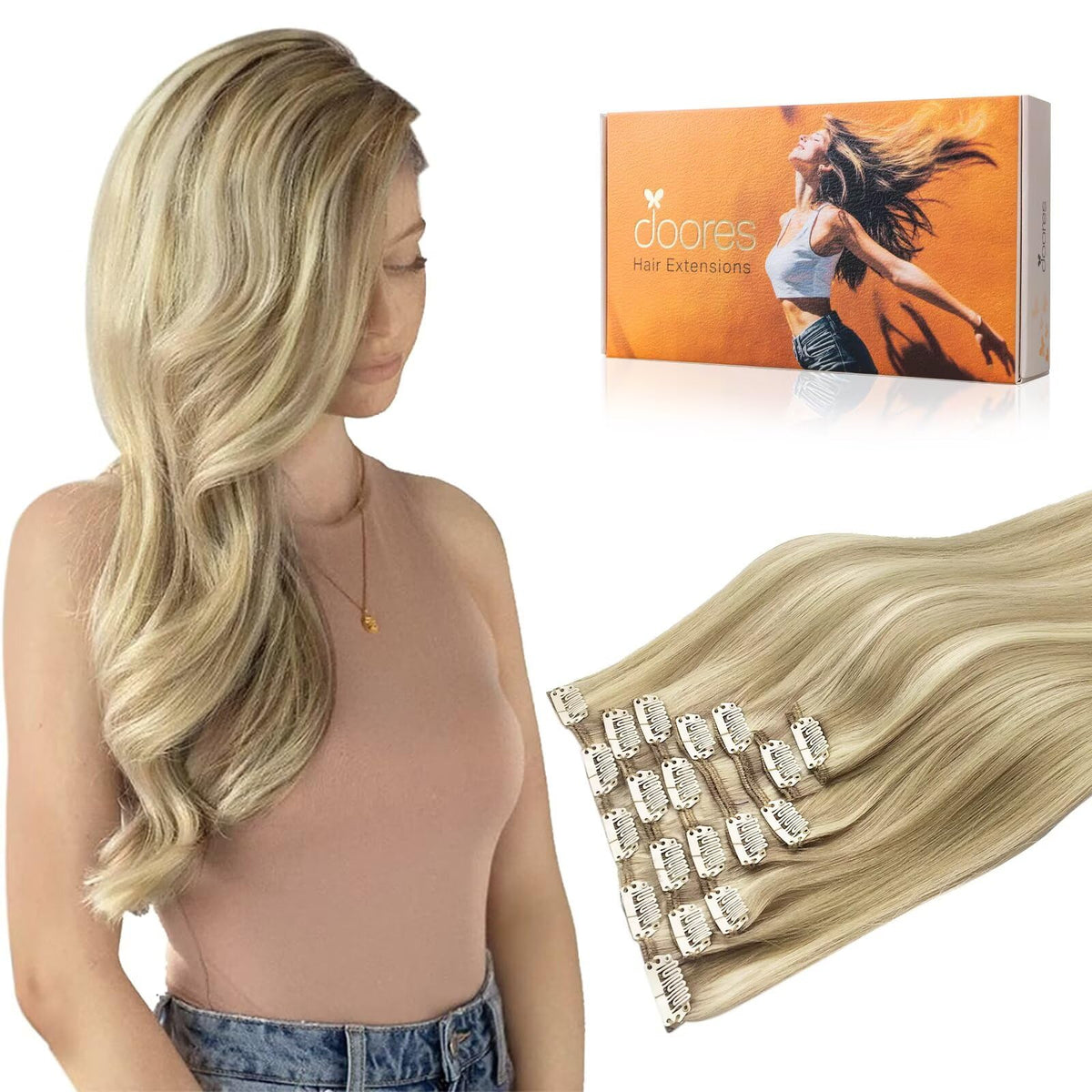 DOORES Clip in Hair Extensions human hair front view
