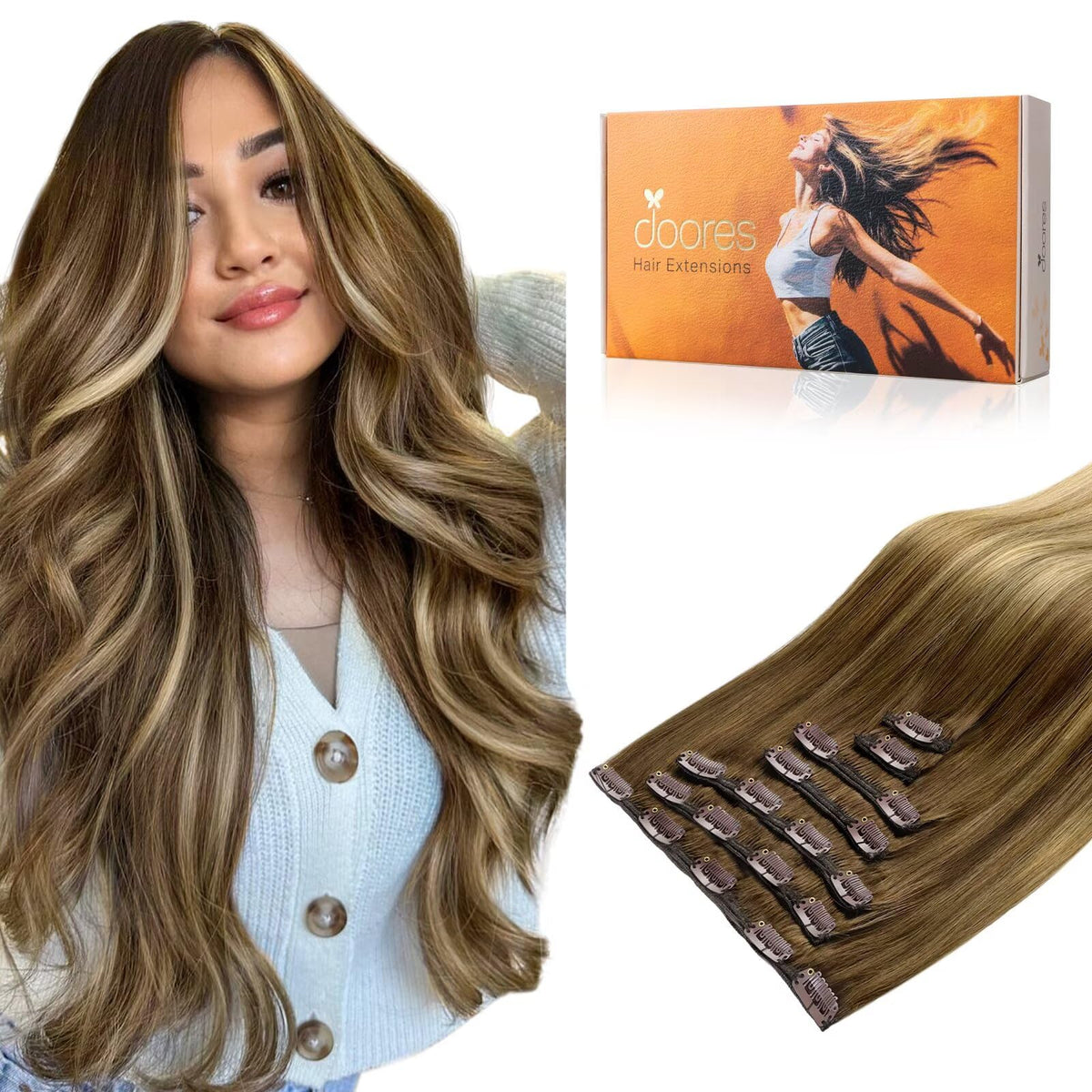 DOORES Clip in Hair Extensions human hair front view