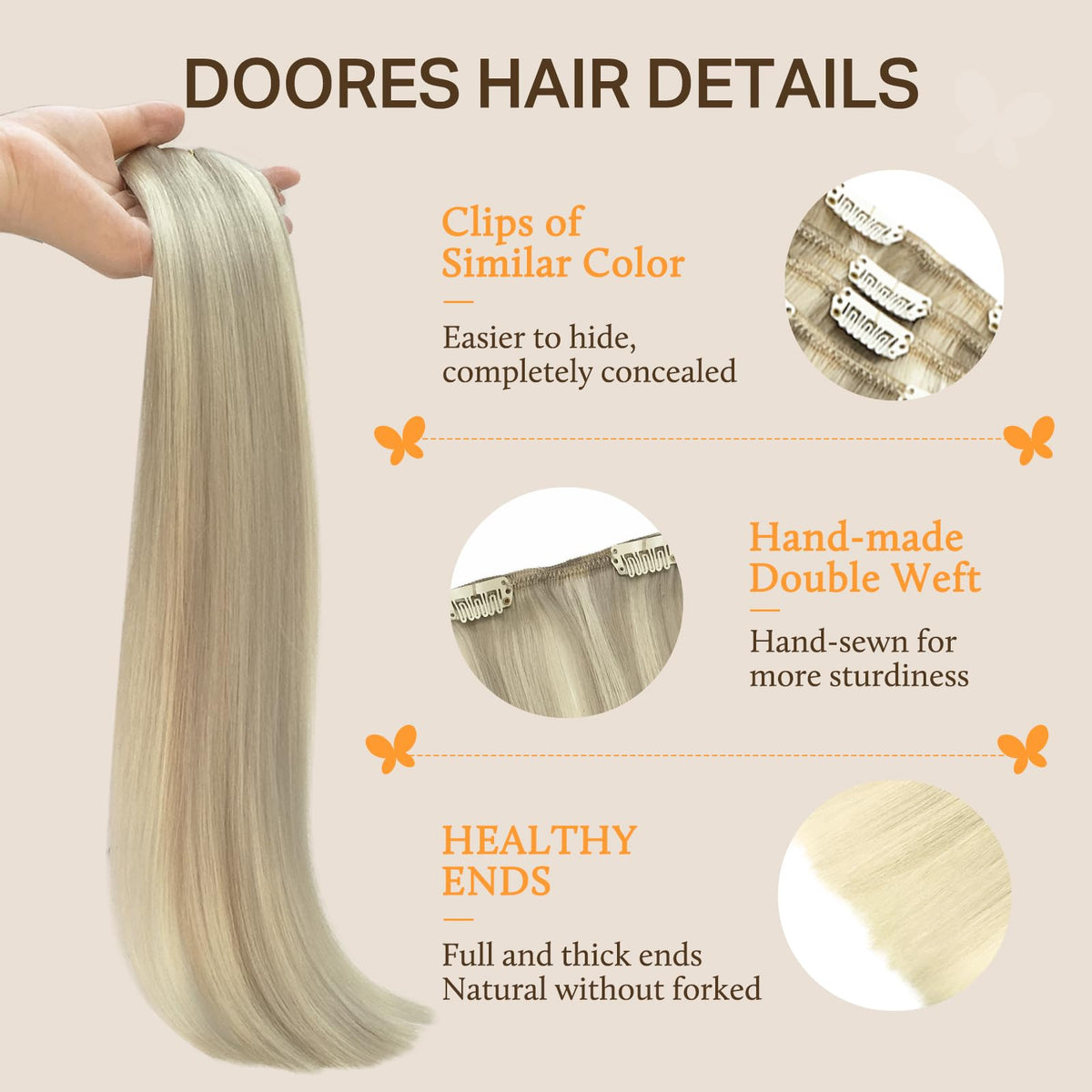 DOORES Clip in Hair Extensions in balayage colour