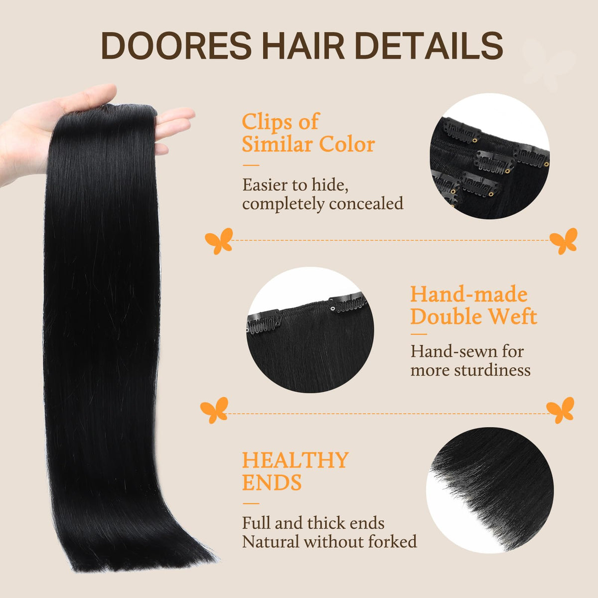 DOORES Clip in Hair Extensions in natural colour tones