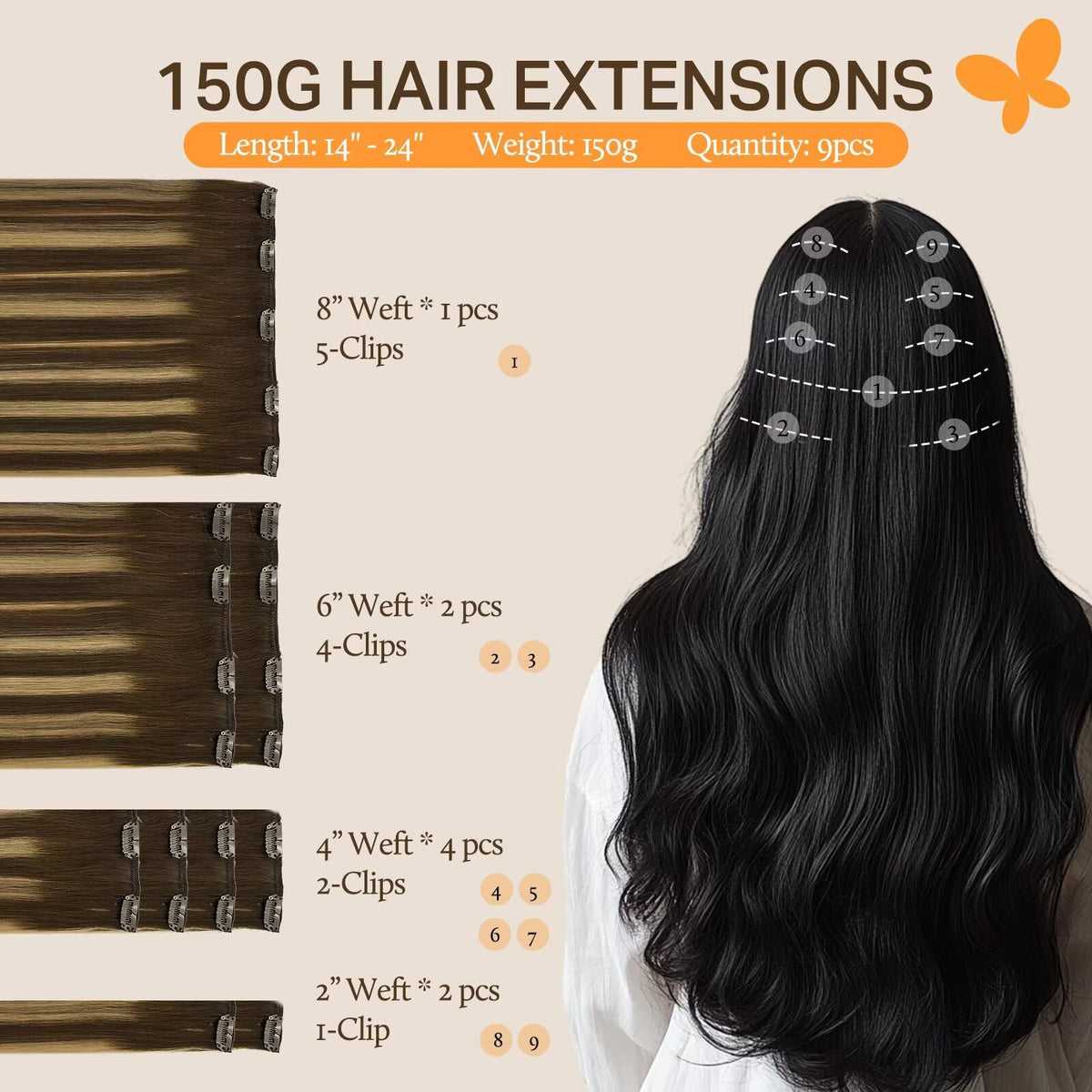 DOORES Clip in Hair Extensions packaging with 9 pieces