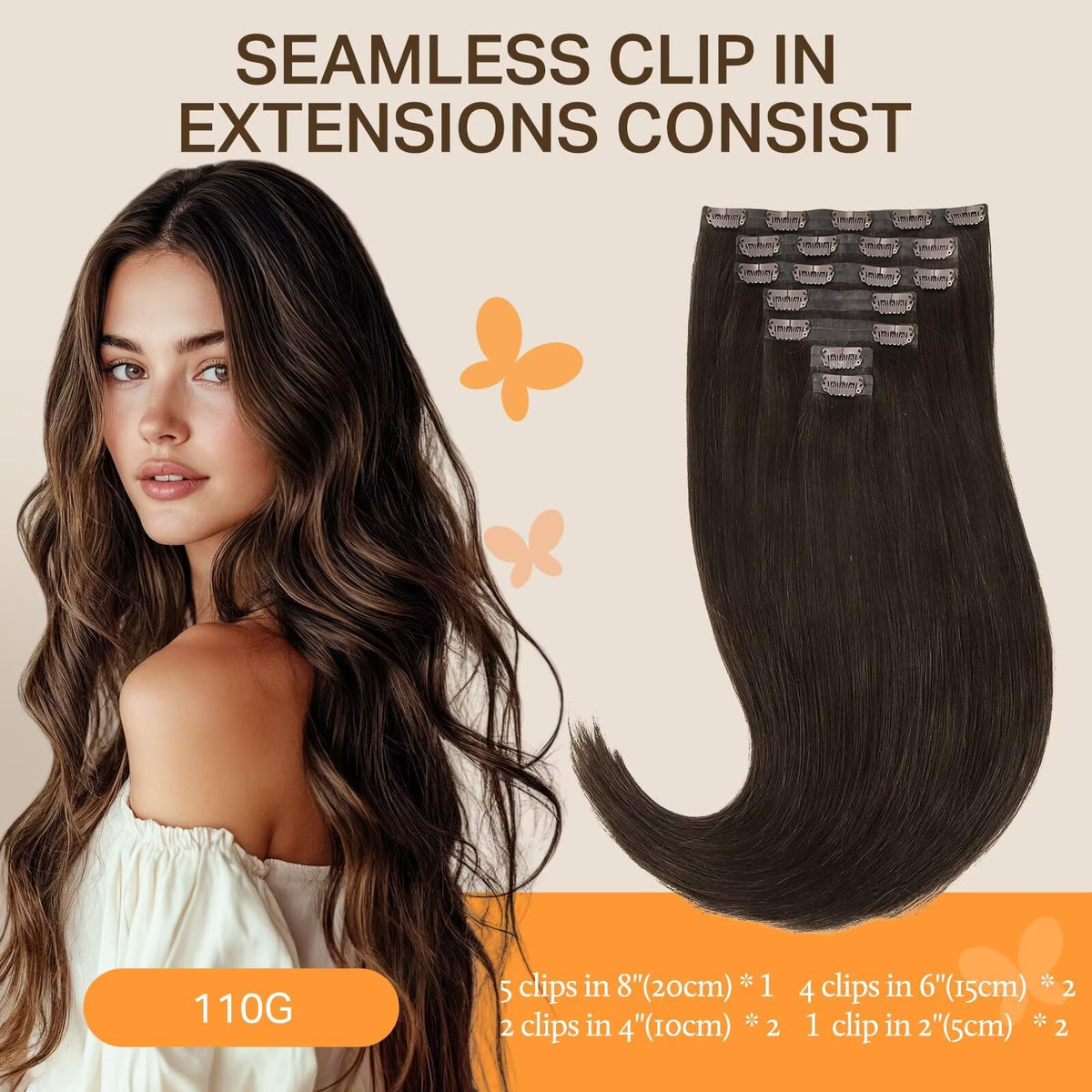 DOORES Clip in Hair Extensions showing 8" and 6" pieces