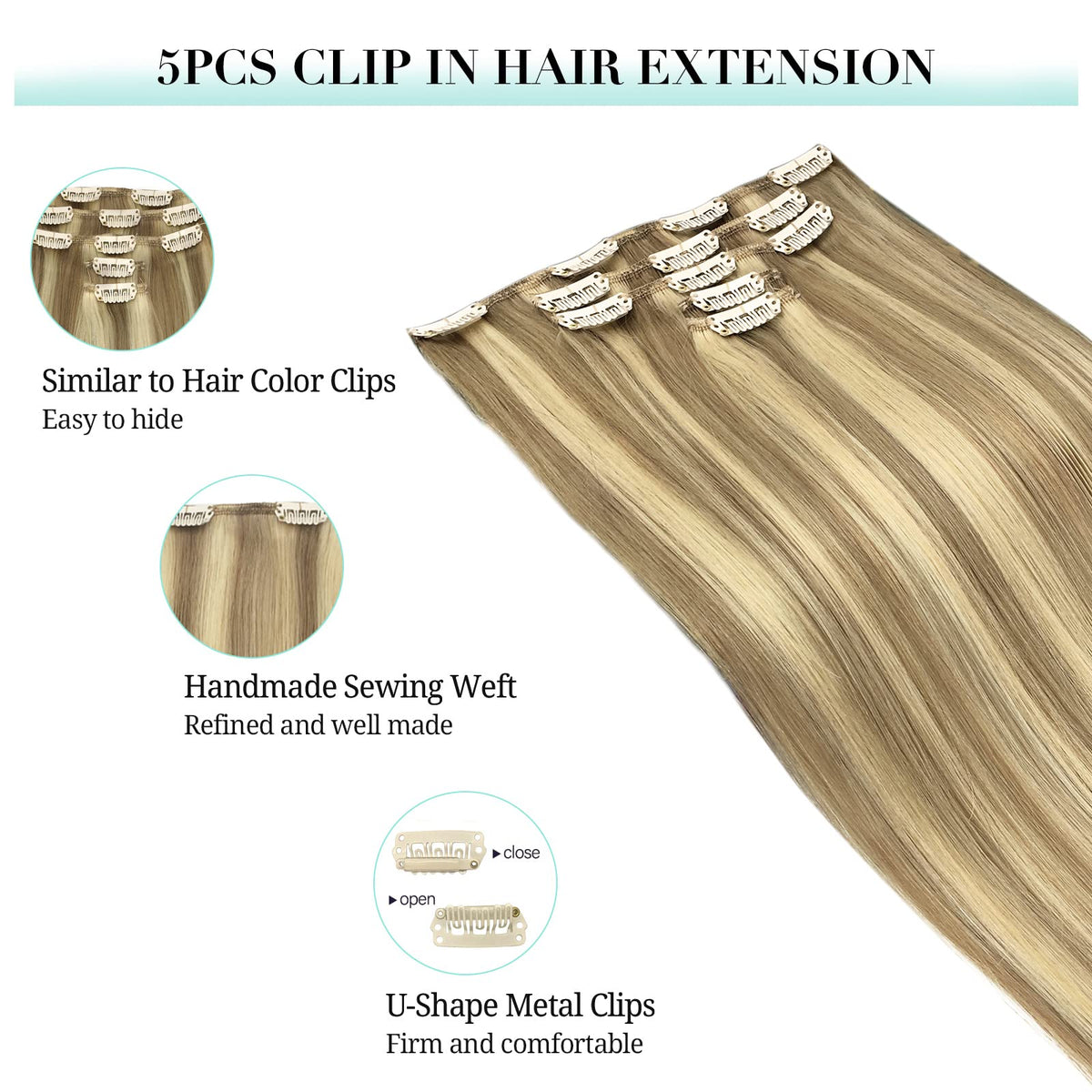 DOORES Clip-in Hair Extensions showing secure stainless steel clips