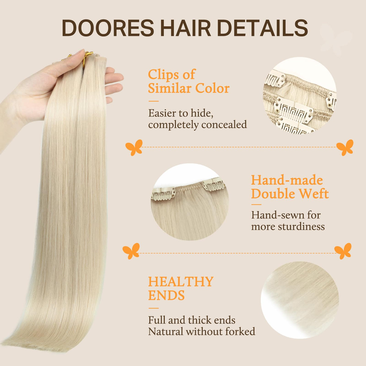 DOORES Clip in Hair Extensions showing various colour options