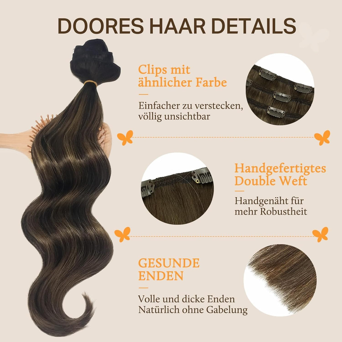 DOORES Clip in Hair Extensions showing various ombre colours