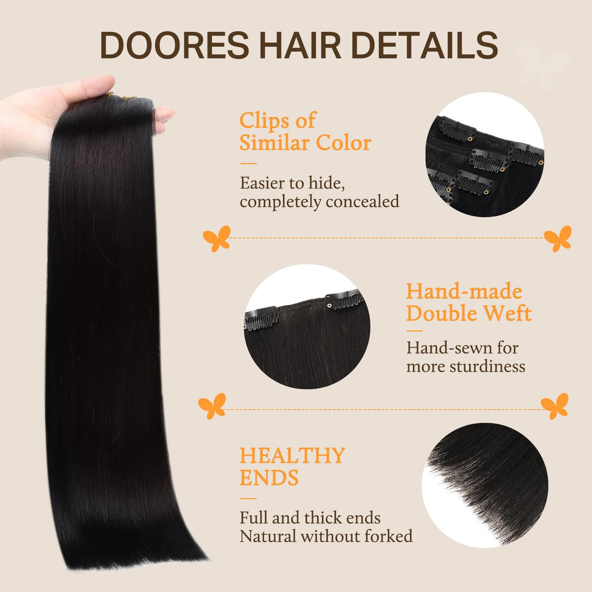 DOORES Clip in Hair Extensions with stainless steel clips