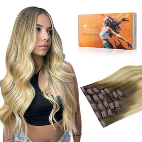 DOORES Clip in Human Hair Extensions 14 Inch Light Ash Brown to Blonde front view