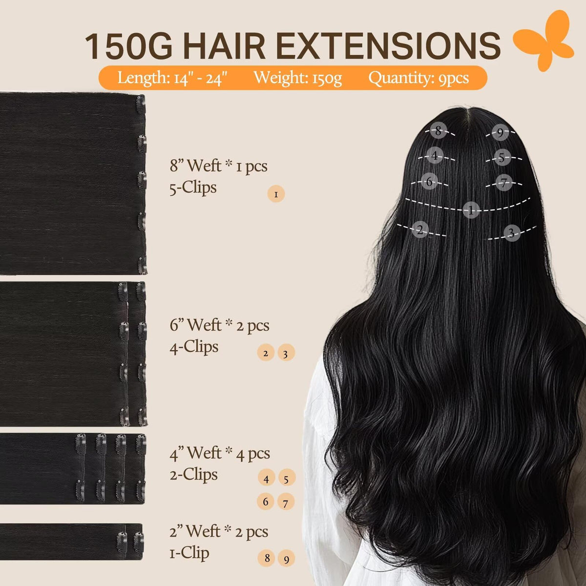 DOORES Hair Extensions 9 pieces with clips laid out